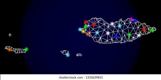 Mesh vector map of Socotra Archipelago with glare effect on a dark background. Abstract lines, triangles, light colorful spots and points forms map of Socotra Archipelago.