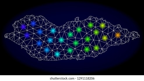 Mesh vector map of Socotra Island with glare effect on a dark background. Light spots have bright rainbow colors. Abstract lines, triangles, light spots and points forms map of Socotra Island.