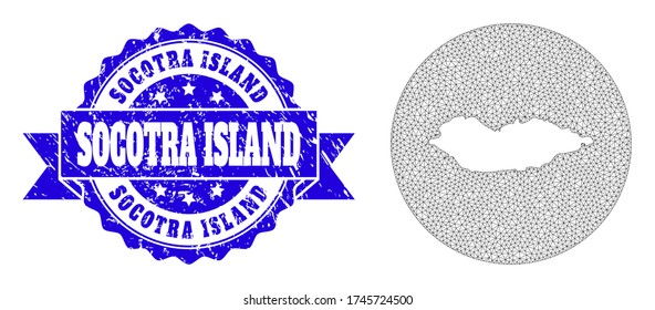 Mesh vector map of Socotra Island with grunge seal. Triangular mesh map of Socotra Island is a hole in a circle. Blue rounded textured watermark with ribbon.