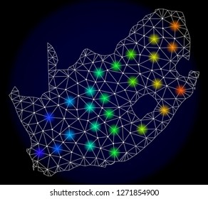 Mesh vector map of South African Republic with glare effect. Light spots have bright spectrum colors. Abstract lines, triangles,