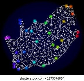 Mesh vector map of South African Republic with glare effect. Light spots have bright spectrum colors. Abstract lines, triangles,