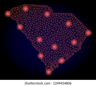 Mesh vector map of South Carolina State with glare effect. Red abstract lines, light spots and points on a dark background with map of South Carolina State.