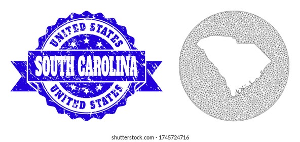 Mapa vectorial de malla del estado de Carolina del Sur con sello de sello de foca gruesa. El mapa triangular de malla del estado de Carolina del Sur es de patrones en forma redonda. Sello redondo azul rayado con cinta.