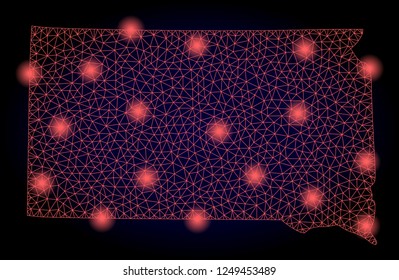 Mesh vector map of South Dakota State with glare effect. Red abstract lines, light spots and points on a dark background with map of South Dakota State.