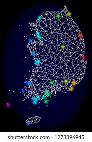 Mesh vector map of South Korea with glare effect. Light spots have bright rainbow colors. Abstract lines, triangles, light spots and points on a dark background with map of South Korea.