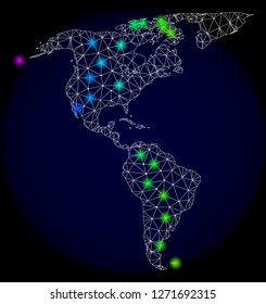 Mesh vector map of South and North America with glare effect. Light spots have bright spectrum colors. Abstract lines, triangles,