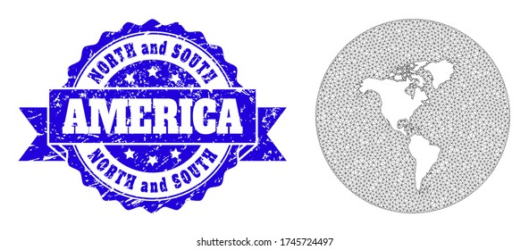Mesh vector map of South and North America with scratched seal stamp. Triangle network map of South and North America is a hole in a round shape. Blue round distress stamp with ribbon.