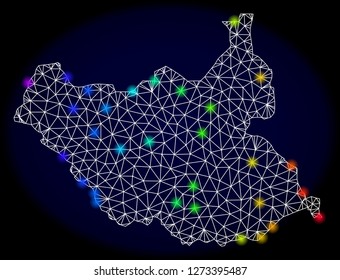 Mesh vector map of South Sudan with glare effect. Light spots have bright rainbow colors. Abstract lines, triangles, light spots and points on a dark background with map of South Sudan.