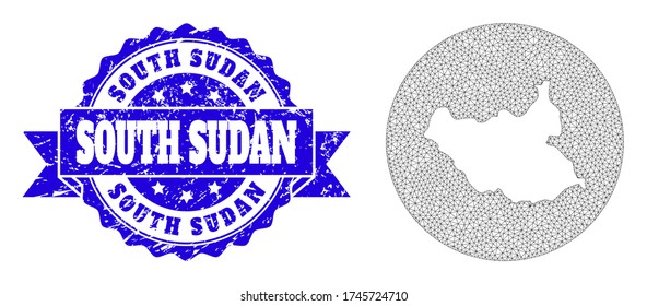 Mesh vector map of South Sudan with grunge seal. Triangular mesh map of South Sudan is a hole in a circle. Blue rosette grunge seal with ribbon.