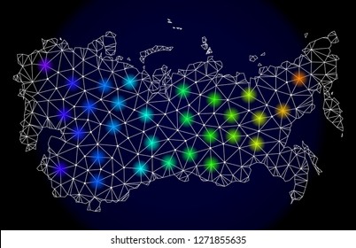Mesh vector map of Soviet Union with glare effect. Light spots have bright spectrum colors. Abstract lines, triangles, light spots and points on a dark background with map of Soviet Union.