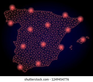 Mesh vector map of Spain with glare effect. Red abstract lines, light spots and points on a dark background with map of Spain.
