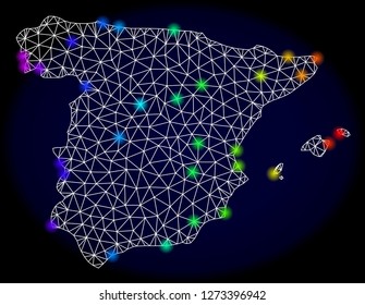 Mesh vector map of Spain with glare effect. Light spots have bright rainbow colors. Abstract lines, triangles, light spots and points on a dark background with map of Spain.