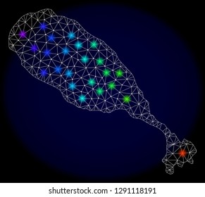 Mesh vector map of St Kitts Island with glare effect on a dark background. Light spots have bright rainbow colors. Abstract lines, triangles, light spots and points forms map of St Kitts Island.