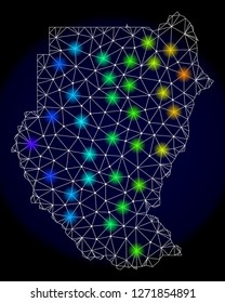 Mesh vector map of Sudan with glare effect. Light spots have bright spectrum colors. Abstract lines, triangles, light spots and points on a dark background with map of Sudan.
