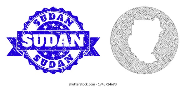 Mesh vector map of Sudan with grunge stamp. Triangle mesh map of Sudan is inverted in a round shape. Blue round grunge seal stamp with ribbon.