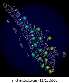 Mesh vector map of Sumatra with glare effect. Light spots have bright spectrum colors. Abstract lines, triangles, light spots and points on a dark background with map of Sumatra.