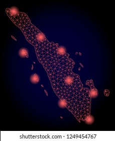Mesh vector map of Sumatra Island with glare effect. Red abstract lines, light spots and points on a dark background with map of Sumatra Island.