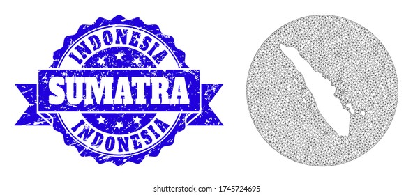 Mesh vector map of Sumatra Island with grunge watermark. Triangle network map of Sumatra Island is carved in a round shape. Blue rounded grunge watermark with ribbon.