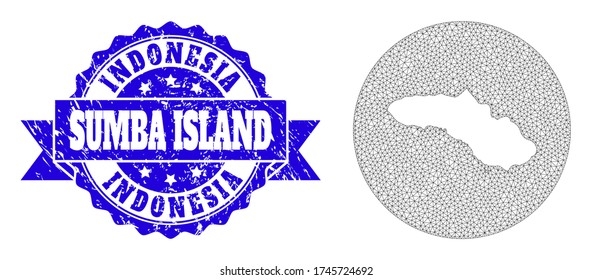 Mesh vector map of Sumba Island with grunge seal stamp. Triangular mesh map of Sumba Island is a hole in a round shape. Blue round textured watermark with ribbon.