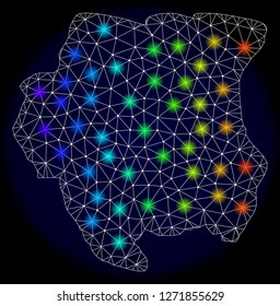Mesh vector map of Suriname with glare effect. Light spots have bright spectrum colors. Abstract lines, triangles, light spots and points on a dark background with map of Suriname.