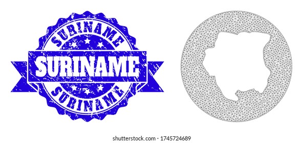 Mesh vector map of Suriname with grunge seal stamp. Triangular mesh map of Suriname is inverted in a round shape. Blue round scratched seal with ribbon.