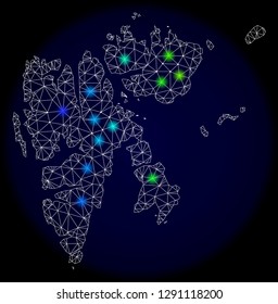 Mesh vector map of Svalbard Islands with glare effect on a dark background. Light spots have bright rainbow colors. Abstract lines, triangles, light spots and points forms map of Svalbard Islands.