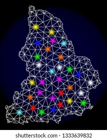 Mesh vector map of Sverdlovsk Region with glare effect on a dark background. Abstract lines, triangles, light colorful spots and points forms map of Sverdlovsk Region.