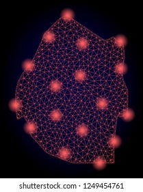 Mesh vector map of Swaziland with glare effect. Red abstract lines, light spots and points on a dark background with map of Swaziland.
