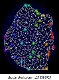 Mesh vector map of Swaziland with glare effect. Light spots have bright spectrum colors. Abstract lines, triangles, light spots and points on a dark background with map of Swaziland.