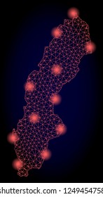 Mesh vector map of Sweden with glare effect. Red abstract lines, light spots and points on a dark background with map of Sweden.