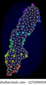 Mesh vector map of Sweden with glare effect. Light spots have bright rainbow colors. Abstract lines, triangles, light spots and points on a dark background with map of Sweden.