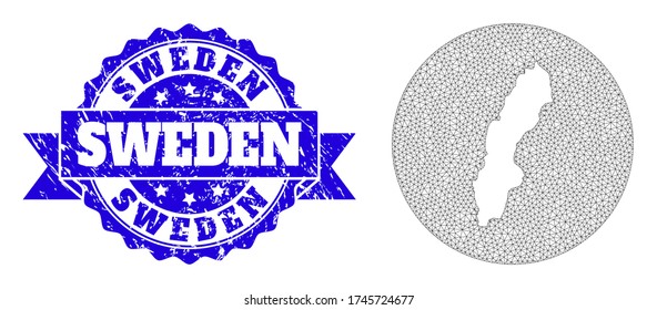 Mesh vector map of Sweden with scratched seal stamp. Triangular net map of Sweden is a hole in a round shape. Blue rounded scratched seal stamp with ribbon.