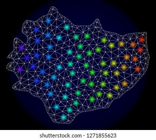 Mesh vector map of Swietokrzyskie Voivodeship with glare effect. Light spots have bright spectrum colors. Abstract lines, triangles,