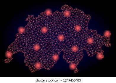 Mesh vector map of Switzerland with glare effect. Red abstract lines, light spots and points on a dark background with map of Switzerland.