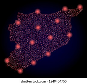 Mesh vector map of Syria with glare effect. Red abstract lines, light spots and points on a dark background with map of Syria.