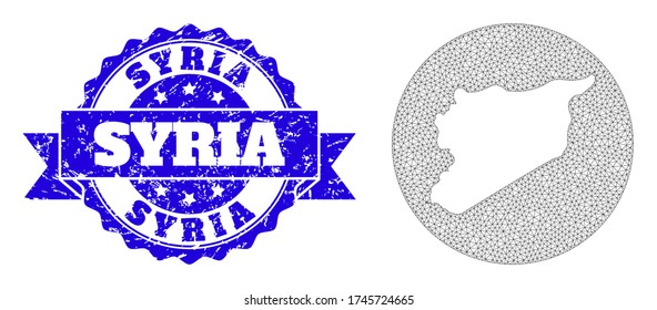 Mapa vectorial de malla de Siria con estampado de grano. El mapa triangular de la malla de Siria es un agujero en un círculo. Sello de rayado azul redondo con cinta adhesiva.