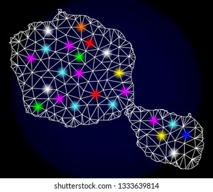 Mesh vector map of Tahiti Island with glare effect on a dark background. Abstract lines, triangles, light colorful spots and points forms map of Tahiti Island.