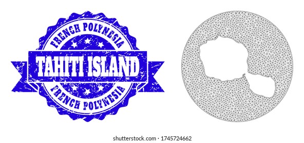 Mesh vector map of Tahiti Island with grunge seal. Triangle mesh map of Tahiti Island is inverted in a round shape. Blue round distress watermark with ribbon.