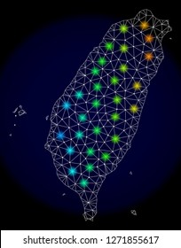 Mesh vector map of Taiwan with glare effect. Light spots have bright spectrum colors. Abstract lines, triangles, light spots and points on a dark background with map of Taiwan.