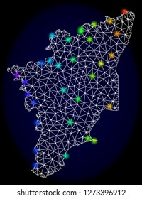 Mesh vector map of Tamil Nadu State with glare effect. Light spots have bright spectrum colors. Abstract lines, triangles, light spots and points on a dark background with map of Tamil Nadu State.