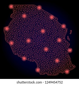 Mesh vector map of Tanzania with glare effect. Red abstract lines, light spots and points on a dark background with map of Tanzania.