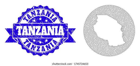 Mapa vectorial de malla de Tanzania con sello grunge. El mapa triangular de malla de Tanzania está invertido en un círculo. Sello de sello de sellado redondo azul con cinta.
