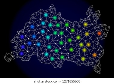 Mesh vector map of Tatarstan with glare effect. Light spots have bright spectrum colors. Abstract lines, triangles, light spots and points on a dark background with map of Tatarstan.