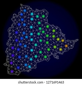 Mesh vector map of Telangana State with glare effect. Light spots have bright spectrum colors. Abstract lines, triangles, light spots and points on a dark background with map of Telangana State.