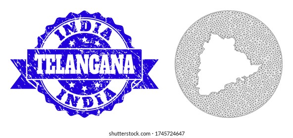 Mesh vector map of Telangana State with scratched seal stamp. Triangle mesh map of Telangana State is a hole in a circle. Blue rosette distress seal stamp with ribbon.