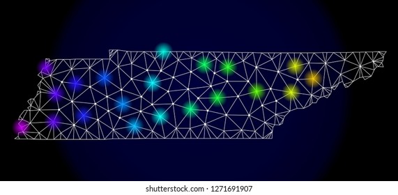 Mesh vector map of Tennessee State with glare effect. Light spots have bright spectrum colors. Abstract lines, triangles, light spots and points on a dark background with map of Tennessee State.