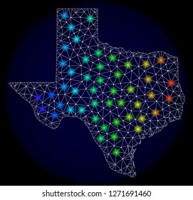 Mesh vector map of Texas State with glare effect. Light spots have bright spectrum colors. Abstract lines, triangles, light spots and points on a dark background with map of Texas State.