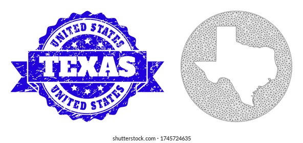 Mesh vector map of Texas State with scratched seal stamp. Triangular network map of Texas State is stencils in a round shape. Blue rosette scratched seal with ribbon.