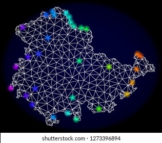 Mesh vector map of Thuringia State with glare effect. Light spots have bright spectrum colors. Abstract lines, triangles, light spots and points on a dark background with map of Thuringia State.