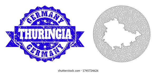 Mesh vector map of Thuringia State with grunge watermark. Triangle mesh map of Thuringia State is a hole in a circle. Blue round distress watermark has ribbon.